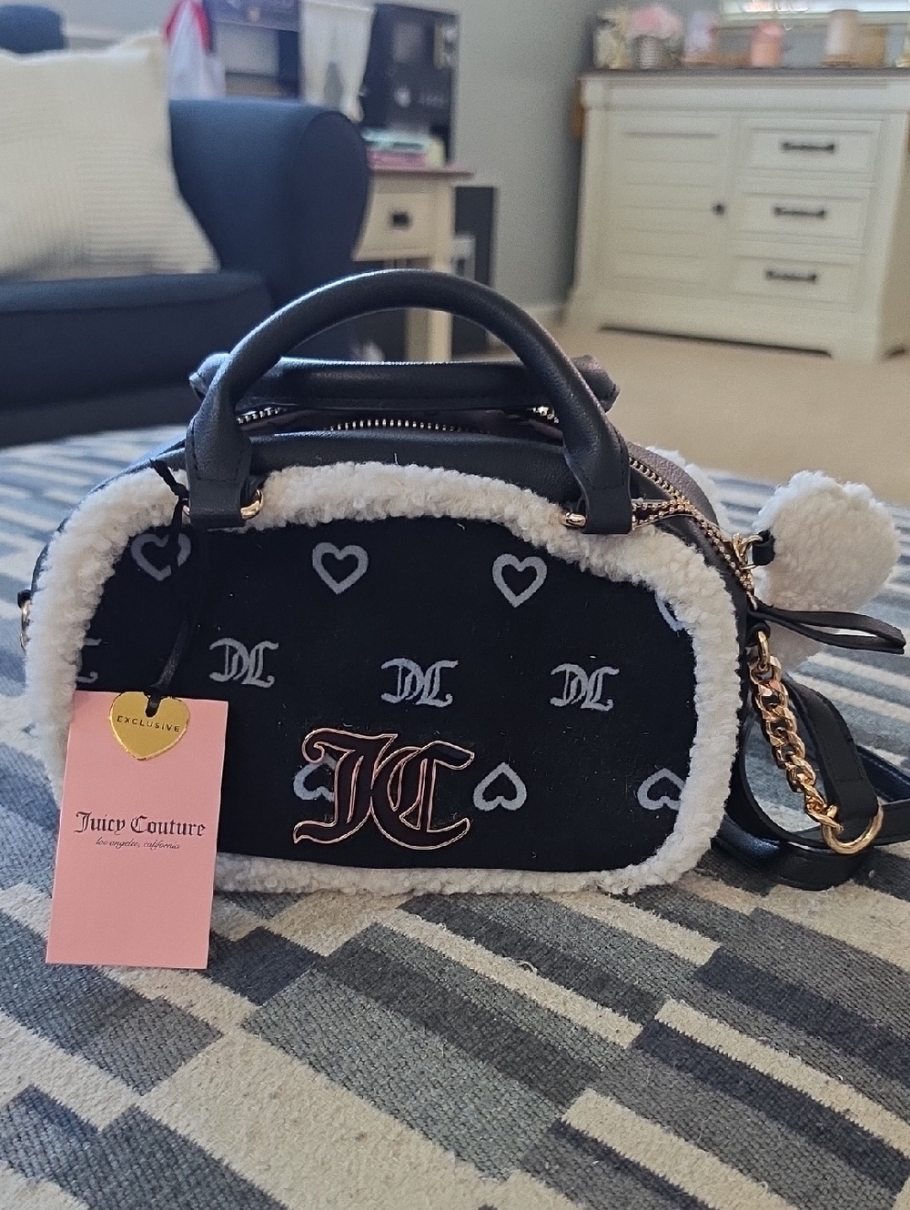 Juicy Couture Black Mini Satchel with White Sherpa Trim and Gold Hardware